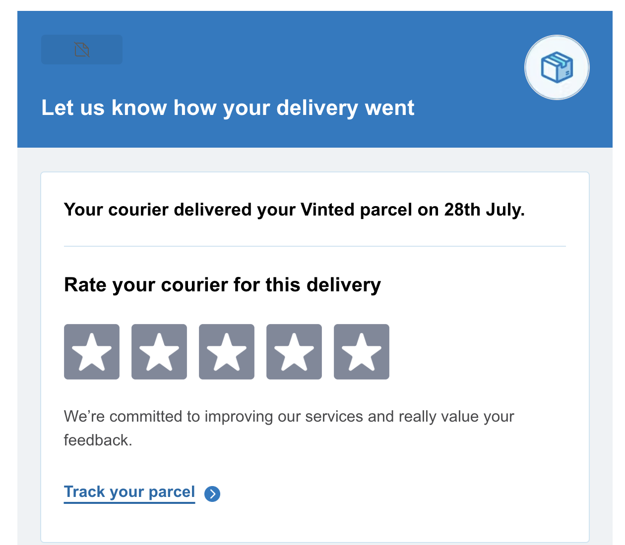 Screenshot of an email from the delivery company Evri asking me to rate my delivery