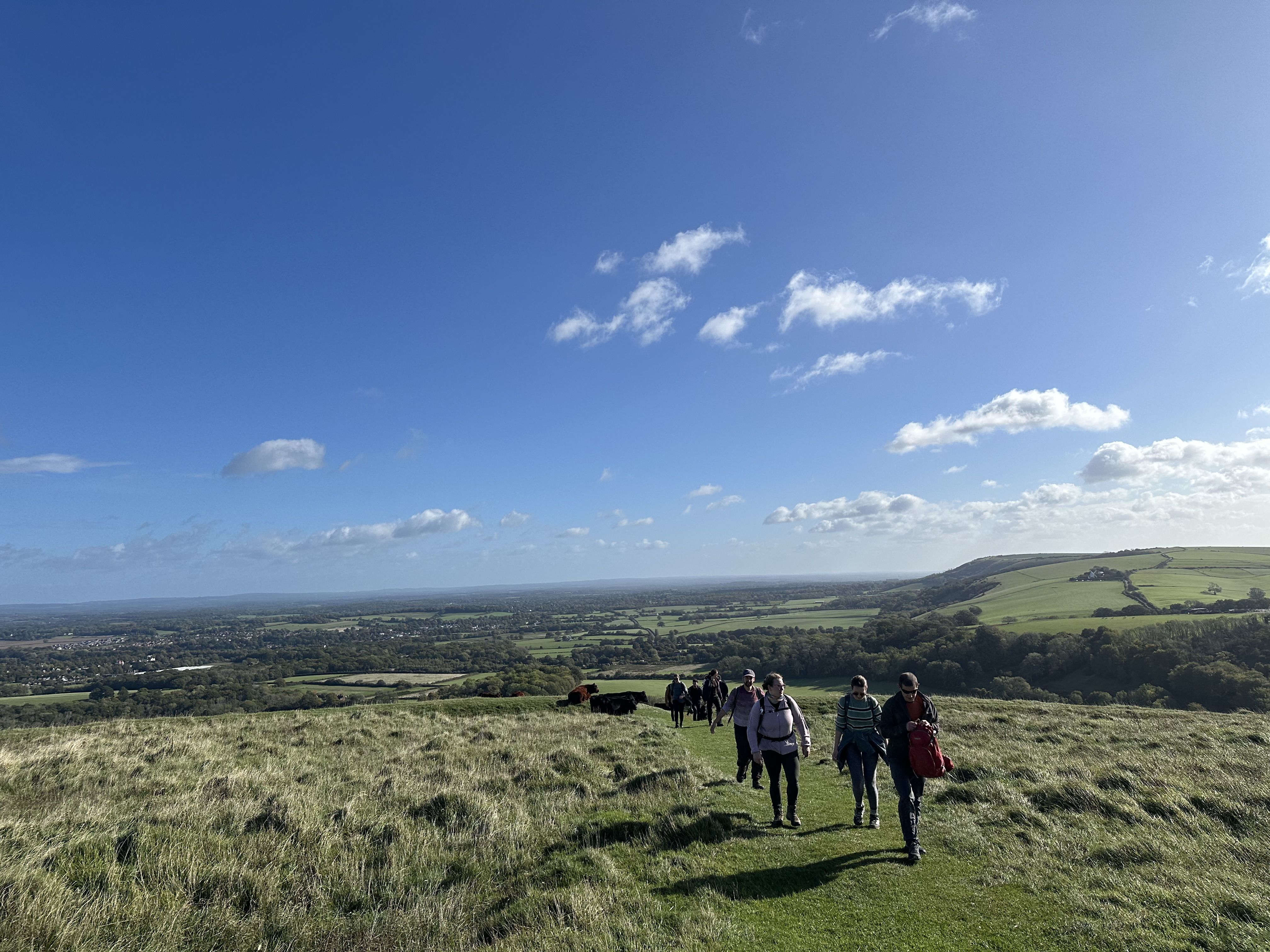 Photo of people walking up a hill on the Downs